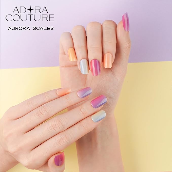 Semi Cured Gel Nail Strips with 20 Pieces - UV Gel Stickers, Manicure Kit, Easy Application Wraps Includes Prep Pads, Nail File, Wooden Stick - UV Light Required (Aurora Scales)