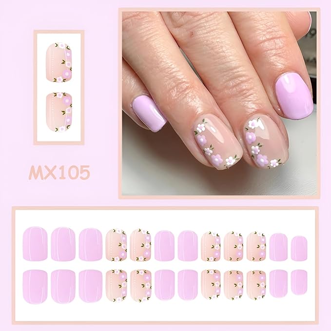 Flower Press on Nails Short Square Fake Nails Nude Purple Nails Press Ons Glossy Full Cover False Nails Summer Spring Stick on Nail DIY Acrylic Glue on Nail for Women Decorations Set 24Pcs