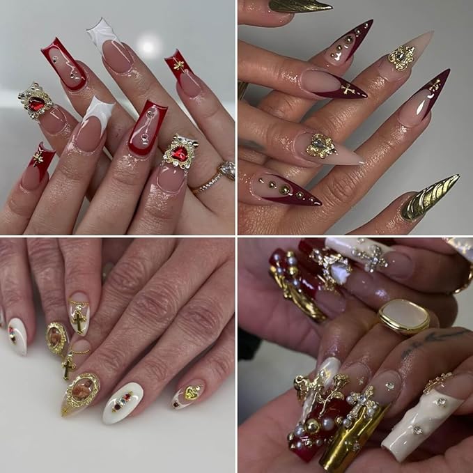 80+ Pcs Golden Nail Charms with Nail Art Rhinestones Gold Cross Virgin Mary and Rose Heart Nail Gems for Acrylic Nails Accessories for Women Manicure Craft DIY Decorations Supplies