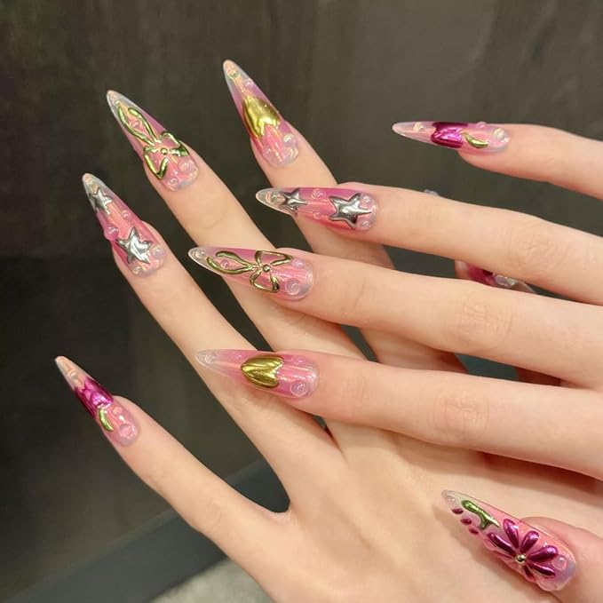 Handmade Press on Nails Long Stiletto Fake Nails French Tip False Nail with 3D Bow Flower Heart Designs Purple Sparkly Artificial Nail for Women 10pcs (Size M）