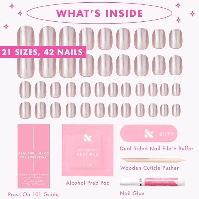 Olive & June Mani Minimalist Instant Press-On Nails (Glue) | 42 Fake Nails, 21 Sizes | Non-Toxic, Long-Lasting Barely-There Look | Spring Flowers & Patterns | Extra Short, Squoval | Taupe Jelly Chrome