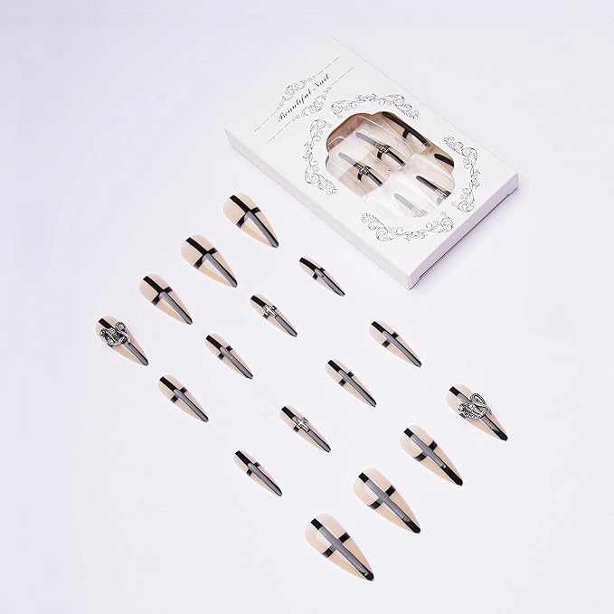 MISUD Press on Nails - Long Stiletto Fake Nails with Goth Black Cross, Acrylic Y2K Charms Design 24 pcs