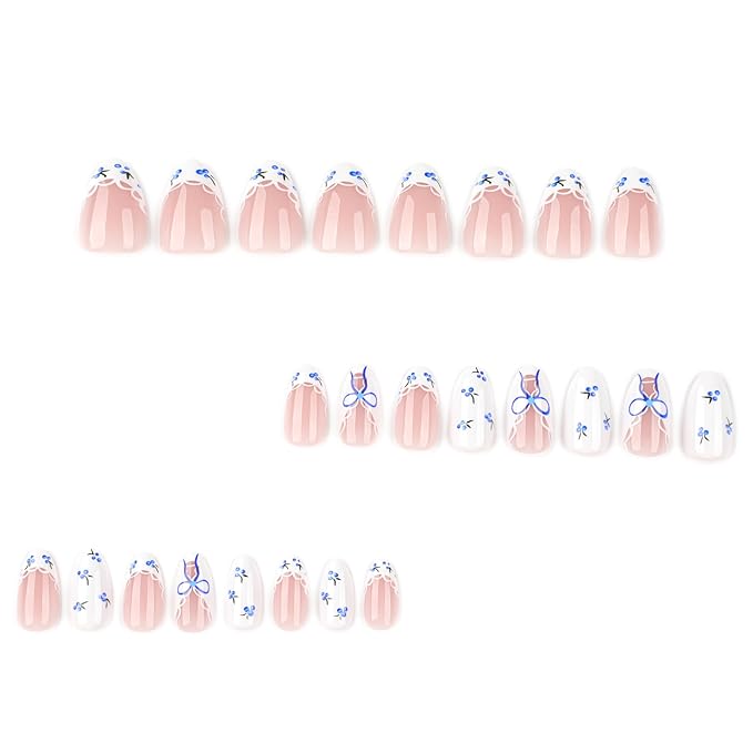 Summer French Tip Press on Nails Short Almond Fake Nails Cute White Nails Press ons with Blue Berries,Bow,Lace Design Full Cover Stick on Nails for Women Manicure,Reusable | Easy Apply | 24Pcs