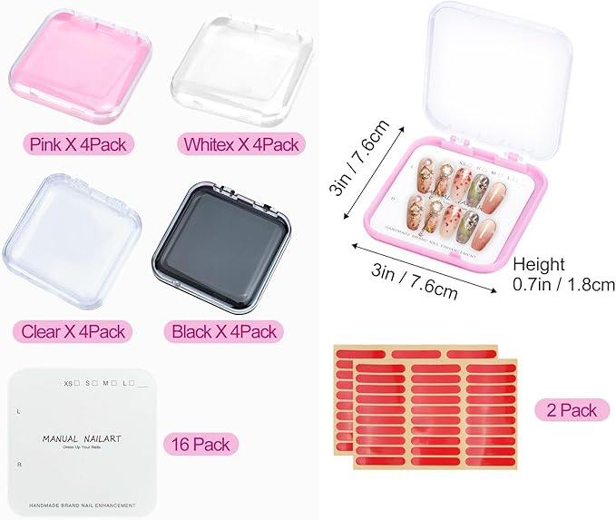 16 Pcs Press On Nails Storage Box, Press On Nail Packaging with 60 Pcs Adhesive Double Sided Tape and Cardstocks, Fake Nail Holder Nail Case for Nail Display Nail Salon Supplies Nail Art