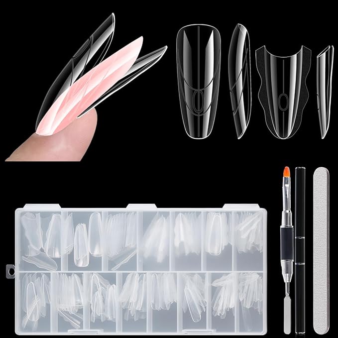 Sandwich Dual Nail Forms for Builder Gel, 180PCS Nail Forms with Brush Pen File Polygel Extension Tools Kit Top & Bottom Dual Form System Guide Lines Tips Professional Manicure Supply (Almond)