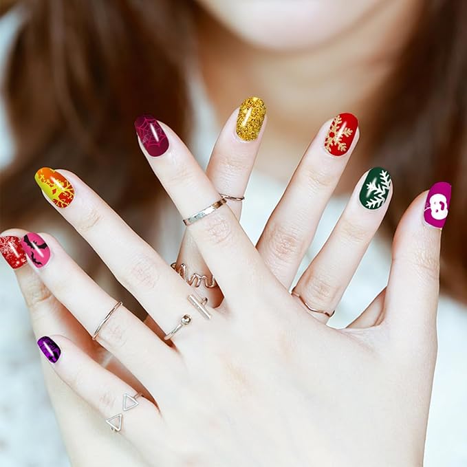 JERCLITY 16 Sheets Halloween Christmas Nail Polish Strips Nail Wraps Bat Spider Jack-o'-Lantern Snowflake Santa Claus Christmas Tree Nail Stickers for Women Holiday Manicure
