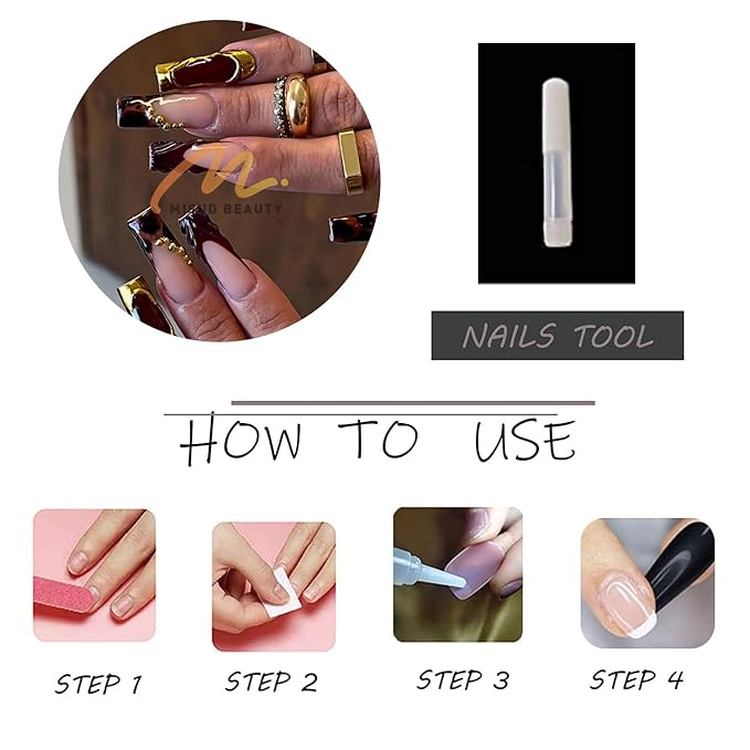 MISUD Press on Nails - Long Square Fake Nails with Burgundy Tortoise, Acrylic Gold Chrome Charms Design 24 pcs