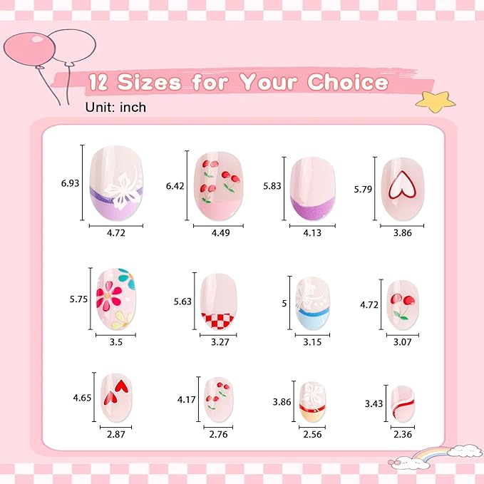 SIUSIO 3Pack Children Acrylic Fake Nails, 72pcs Press on Full Cover Cherry French Tips Short Almond False Nail Art Kits Set with Sticker Tabs Nail Glue Gel for Kids Little Girls Women - Floral Cherry