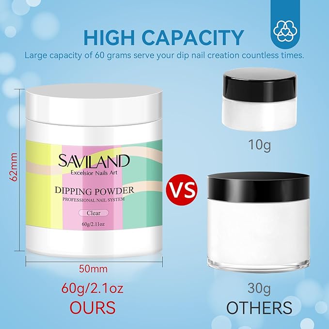 SAVILAND Clear Dip Powder - 2.1 oz/ 60g Dipping Powder Set Crystal Clear for French Natural Nails Art Starter Manicure, Strengthen Nail Easy for Beginners to Use No Nail Lamp Needed