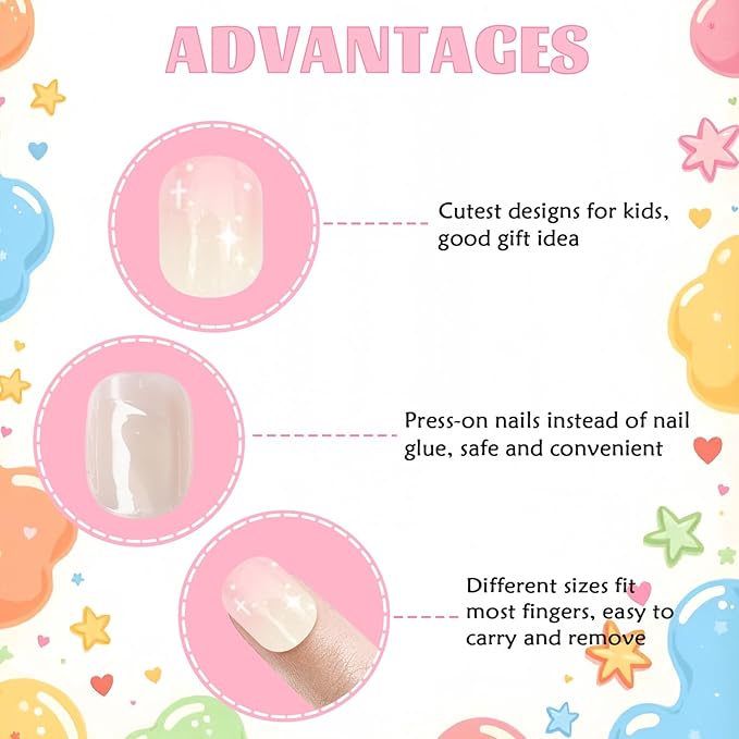 Laza 72pcs Children Nails Press On Pre-glue Full Cover Silver Glitter Stars Pink Heart Short Ombre False Nail Kits for Kids Teenager Girls - Sparkling Sweety