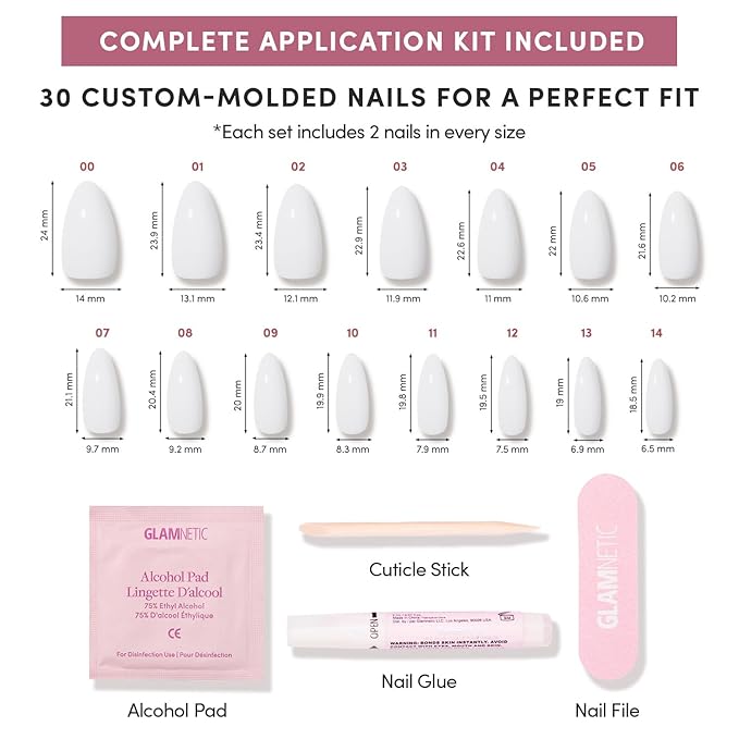 Glamnetic Press On Nails - Clouded | Medium Almond White Fake Nails, Salon Quality Milky Nails | 15 Sizes - 30 Nail Kit with Glue