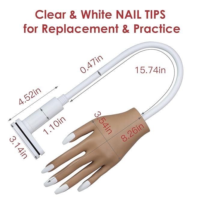 Acrylic Practice Hand Fake Nails Kit, BORNBYME Upgrade Nail Training Adjustable Finger Kits with Nail File, Nail Brush and Nail Brush Kit,200 PCS Nail Tips, White