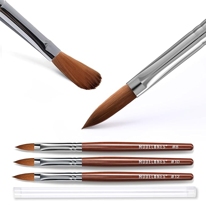 Modelones Kolinsky Acrylic Nail Brush Set, Size 8/10/12 Round Shaped Nail Brushes for Acrylic Powder, Gel Polish, Extension Gel, 3D Carving & Detailing Design with Wooden Handle Salon & DIY Use