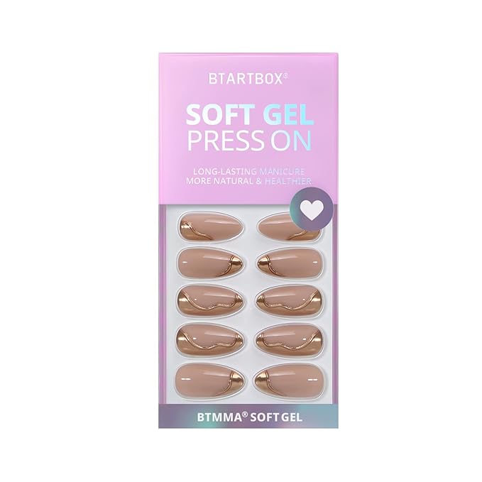 BTArtbox Press On Nails Almond - Medium Glue On Nails with 3D Sculpting Metallic Design, Supremely Fit & Glossy Fake Nails in 15 Sizes, Amber