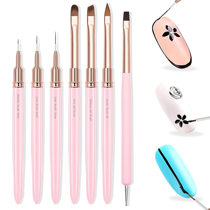WOKOTO 7 Pcs Pink Nail Brushes For Acrylic Nails Brushes Painting Detail Nail Brushes For Nail Art Tools Dotting Drawing Tools Fine Line Nail Liner Acrylic Brushes For UV Gel Nails Polish Brushes