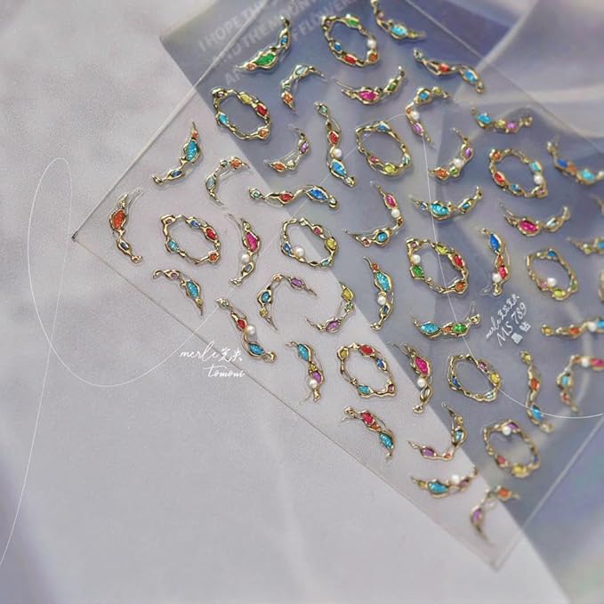 Pearl Gem Nail Stickers Diamond Nail Designs 3D Self-Adhesive Red Rhinestone Nail Decals 5D Embossed Gold Gemstone Jewelry Ribbon Summer Sticker Manicure Accessories for Women Girls DIY Nails 1 Sheet