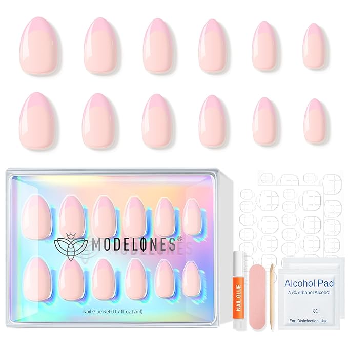 Modelones Pink French Tip Press on Nails Almond, Spring Short Almond Fake Nails, Nail Kit with Nail Glue Adhesive Tabs Mini Nail File, Nails Press Ons 32Pcs16 Sizes, Women Girl Gift
