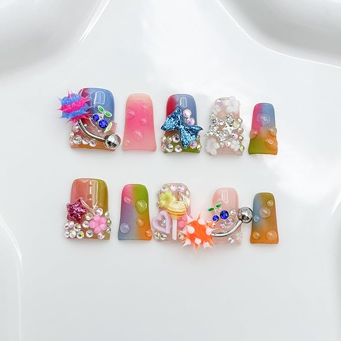 10 Pcs Handmade Duck Press on Nails with Glue,Colorful Fake Nails with 3D Diamond Pink Pentagram Blue Bow Tie Design Acrylic Press on Nail Reusable Thick Handmade False Nails for Women DIY (Size M)