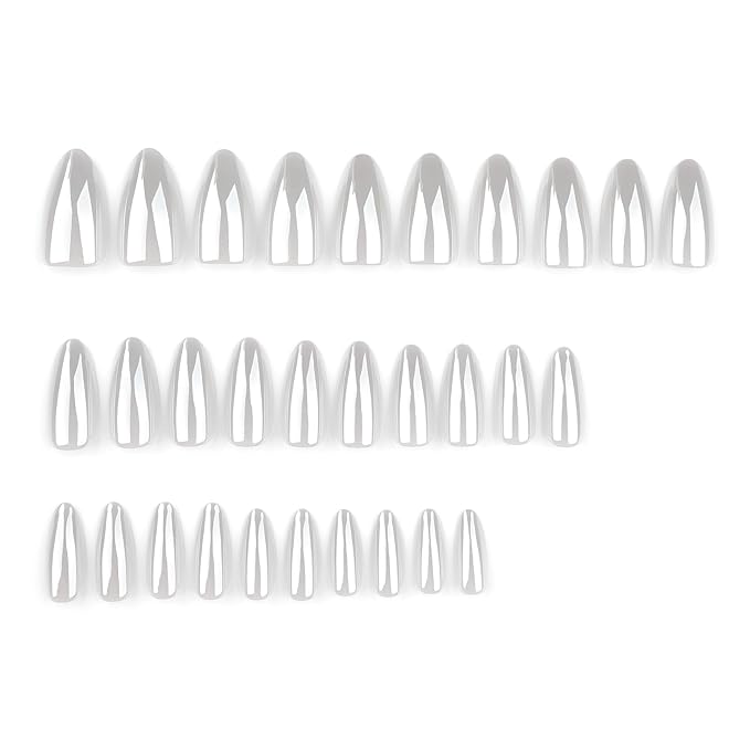 Medium Press on Nails Almond - Chrome White Fake Nails - Solid Color Full Cover Stick on False Nail - for Women 24 Pcs