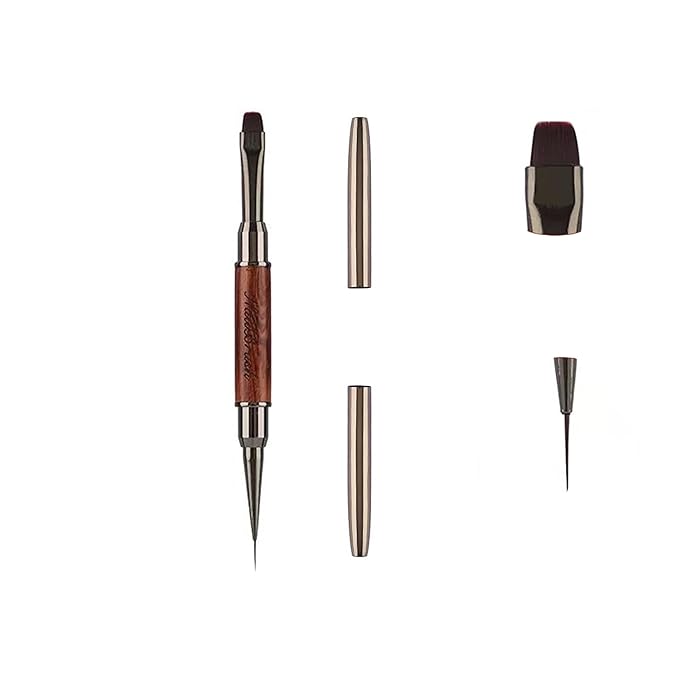 Dual Head Acrylic Nail Brush, French Pen and 9mm Liner Pen, Wood Handle with Metal Caps, for Builder Gel, Polygel and Nail Design