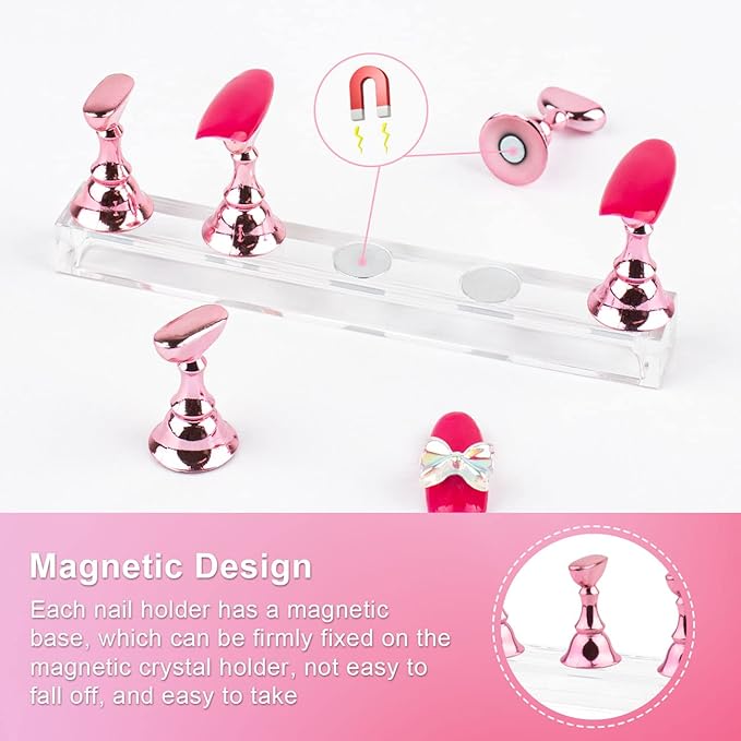 Nail Stand for Press On Nail Holder for Painting Nails Magnetic Nail Tips Practice Holder with 2 Pcs Double-sided Tape for DIY Painting (Pink B)