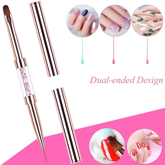 1Pcs Dual-ended Nail Design Brushes Rhinestone Handle Nail Art Liner Brush UV Gel Nail Polish Brush Rose Gold