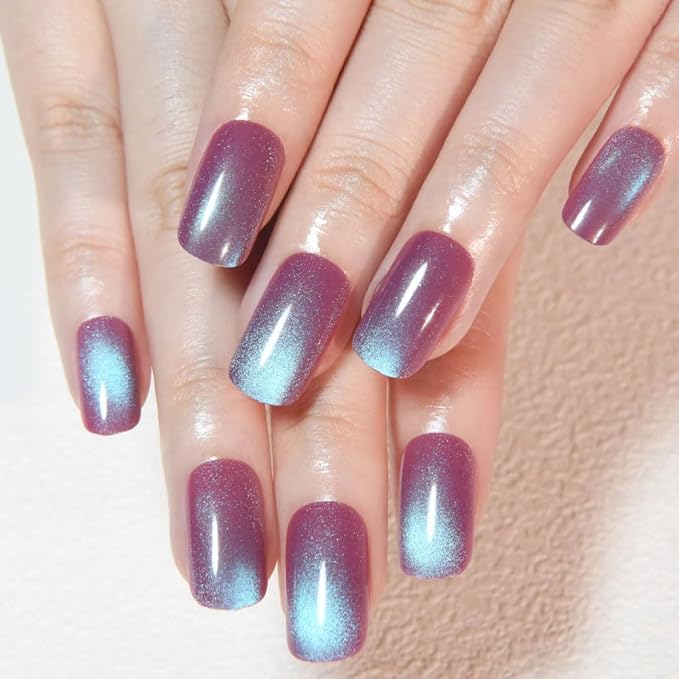 evpct Mauve Blue Reflective Metallic Cat Eye Press on Nails Square Medium, Stick on Nails Medium Length Square for Women, Mauve Metallic Nail press ons, Iridescent Glitter Acrylic Fake Press on Nail