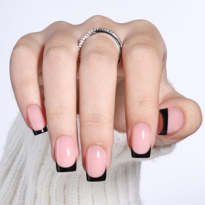 Black French Tip Press On Nails Square- Black Short Fake Nails, Square Press On Nails Reusable Stick On Nails in 16 Sizes, 32pcs False Nail Kit for Women & Girls