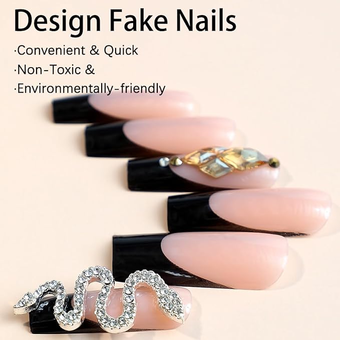 Long Square Press on Nails Black French Tip Fake Nails 3D Snake Rhinestone Design Full Cover Glossy Glue on Nails for Women 24PCS
