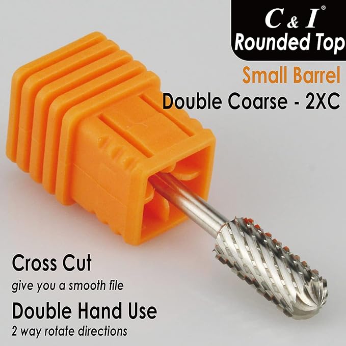 C & I Small Barrel Rounded Top Nail Drill Bit with Teeth on the Top, Professional Electric File for Manicure Drill Machine, Remove Nail Gels 3/32” (Double Coarse -2XC)