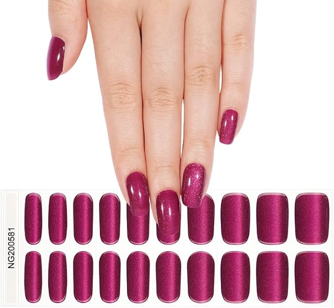 Semi Cured Gel Nail Strips 20 Pcs Purple-Red Cat Eye Gel Nail Wraps, Stickers, UV Light Required Nail Art Design Decoration Accessories