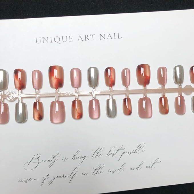 Fall Winter Press on Nails Short Square Fake Nails Cat Eye Nails Press ons with Amber,Silver Design Full Cover Stick on Nails for Small Nail Beds,Reusable | Glue Tabs | Easy Apply | 24Pcs