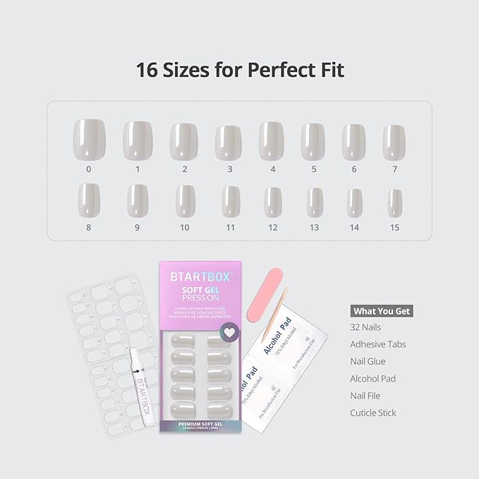 BTArtbox Press On Nails Short - White Soft Gel Press On Nail, Square Chrome Nail Tips Glue On Nails, Reusable Stick On Nails in 15 Sizes - 30 Soft Gel Fake Nails Kit, Vanilla Glazed