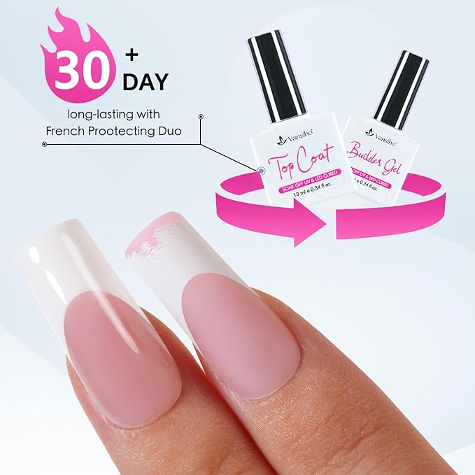 Vansiho French Protecting Builder Gel and Top Coat Set - Protect French Tips, 2 in 1 Strengthening Nails for Beginners & DIY Salon Manicurist Women