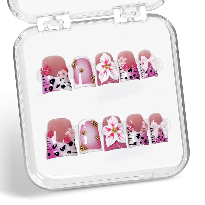 Handmade Press on Nails Short Duck 3D Pink White Floral Designs Gradient French Tip Fake Nail Muti-Layer Gel Thicked Acrylic False Nails Luxury Flower Press on Nails for Women（S）