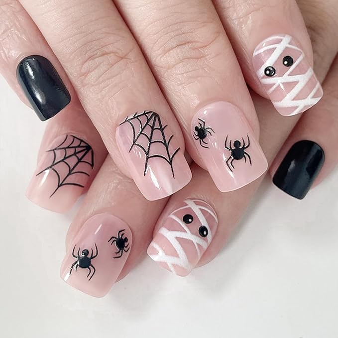 6 Packs (144 Pcs) Halloween Press on Nails Short Square Fake Nails with Designs Pumpkin Ghost Spider Glue on Nails Full Cover Glossy Acrylic Stick on Nail for Women Girls Manicure