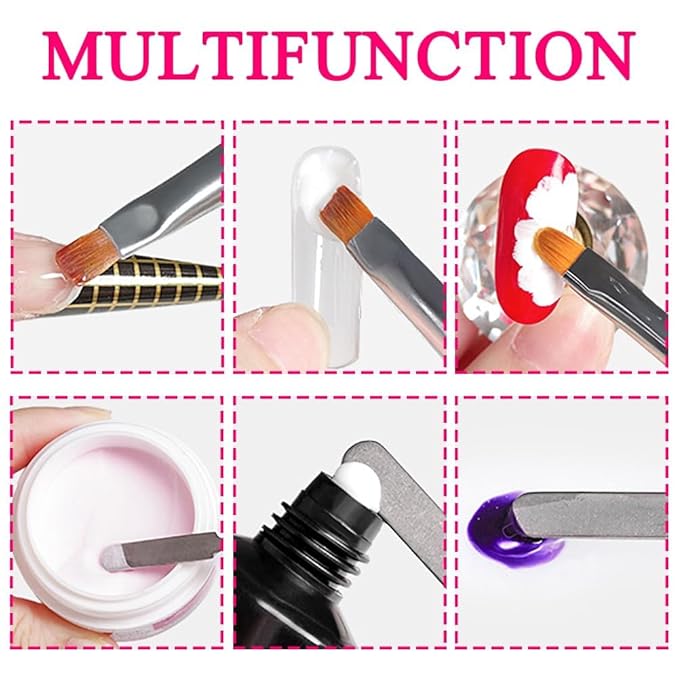 6 PCS Nail Art Brush Picker Dual-Ended, Stainless Steel Gel Nail Brushes 2 in 1 Design Flat Manicure Builder Nails Art Slice Tool for UV Poly Extensions Quick Building Women Home Salon