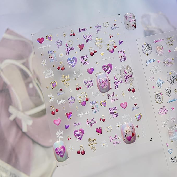 5D Embossed Valentines Day Nail Stickers Self-Adhesive Letter Nail Art Stickers Gold Purple Pink Retro Alphabet Cherry Love Designs Cute Nails Art Supplies Heart Nail Decals for Women Manicure DIY