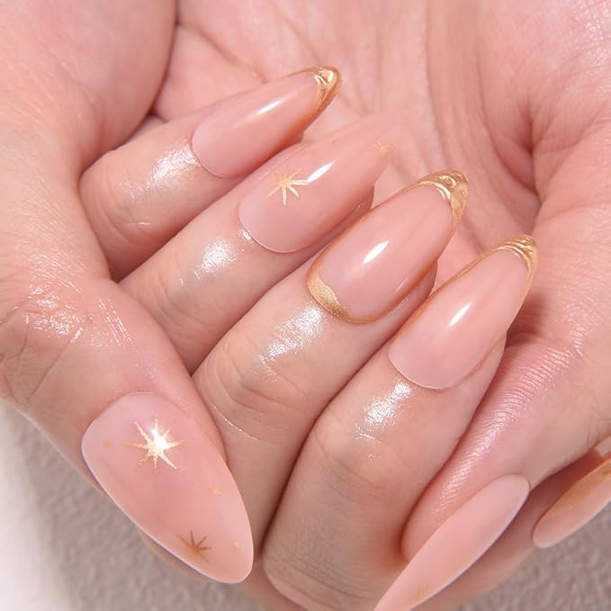 evpct Gold French Tip Press on Nails Almond Medium, Nude Pink + Gold Line Tips, Stick on Nails Medium Almond for Women, Full Cover Perfectly Fit Handmade Soft Gel Artificial Fake False Nail Kit