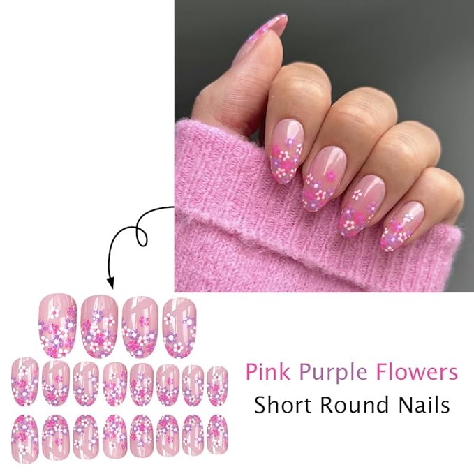 24Pcs Pink Flower Press on Nails Almond Shaped Fake Nails Nude Pink Full Cover with Designs Stick on Nails Medium Glossy False Nails Spring Glue on Nail for Women Manicure Art Kit