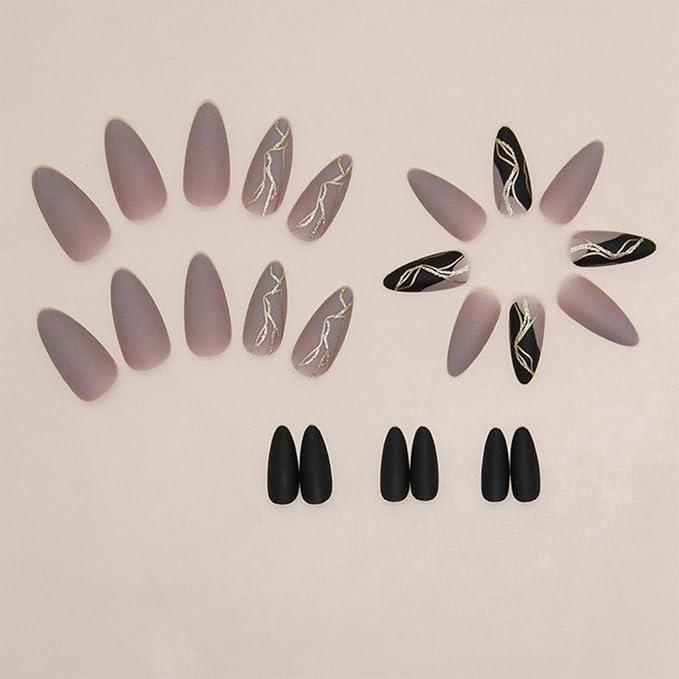 Almond Press on Nails Medium Fake Nails with Designs Brown Black False Nails Press ons Gold Foil Matte Full Cover Acrylic Glue on Nails Cute Artificial Stick on for Women Decorations 24Pcs