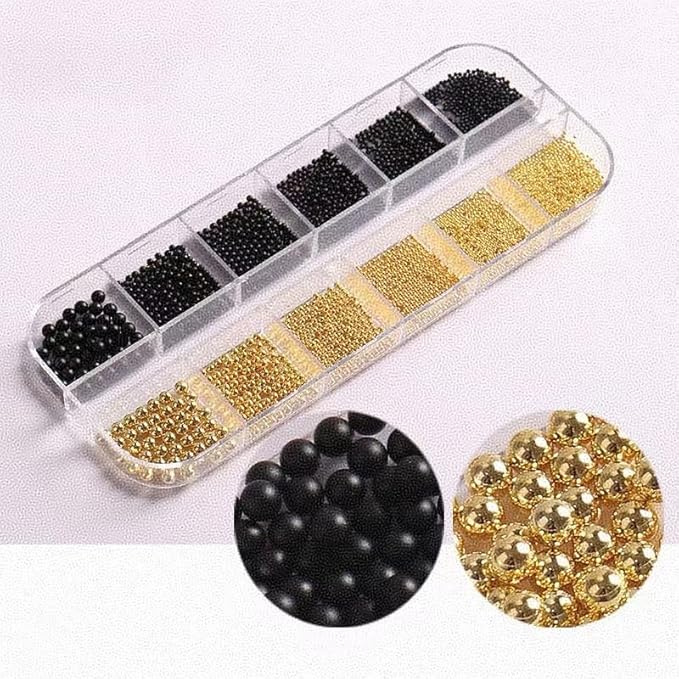 12 Grids Art Charms Metal Beads 3D Caviar Small Steel Ball Nail Accessories Nail Art Metal Mini 3D Mixed Sizes DIY ons Accessories (Black and Gold