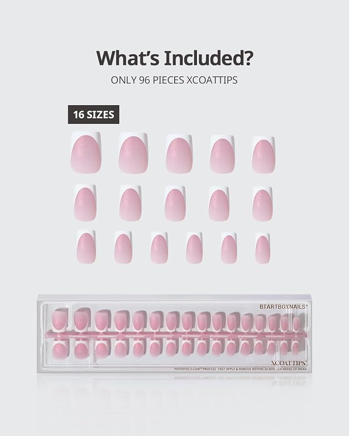 BTArtboxnails French Tip Press On Nails - Salon Quality Glitter Pink Short Square, 96 Pcs Soak Off Soft Gel Kit for Easy DIY at Home | Long Lasting Manicure with 16 Sizes (XCOATTIPS)