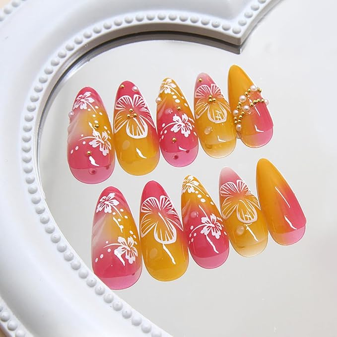 Flower Press on Nails Medium Almond Fake Nails with 3D Pearl Rhinestones Design Hibiscus Floral False Nails Glossy Pink Yellow Gradient Acrylic glue on Nails Full cover Spring stick on Nails for Women