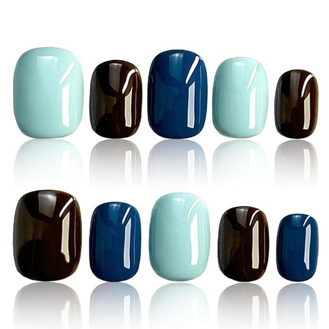 Press On Nails, COOLYOUNG Mixed Color Press On Nails - Blue, Brown, Light Blue, Square Short Acrylic Nails, 25 PCS Handmade Nails