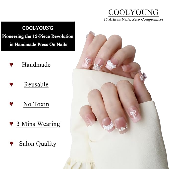 Hand Made Press On Nails Short Square Nails 3D Pink Nails Gifts For Women Luxury Press On Nails COOLYOUNG 15 PCS, Size S