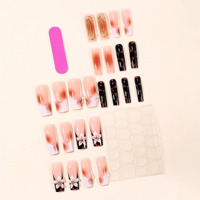 Long Square Press on Nails Fake Nails Artificial Nail Elegant Nude Base with Brown Leopard Print, Pearl, Gold Line & Flower Nail Art Design Stick on Nail for Women