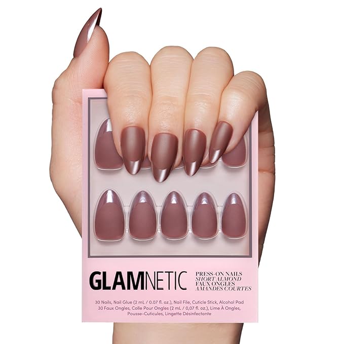 Glamnetic Press On Nails - Terra Fake Nails | Short Almond Dark Brown Nails with Glossy French Tips in a Matte Finish | 15 Sizes - 30 Nail Kit with Glue