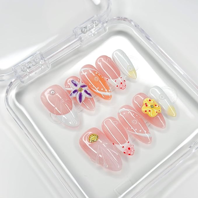 Luxury Press on Nails Medium Almond Handmade 3D Unique Reusable ABS Material Fake Nails French Tip False Nails with Designs Yellow&Purple Floral Art Petal Glossy Glue on Nails Thick Acrylic Nails(S)