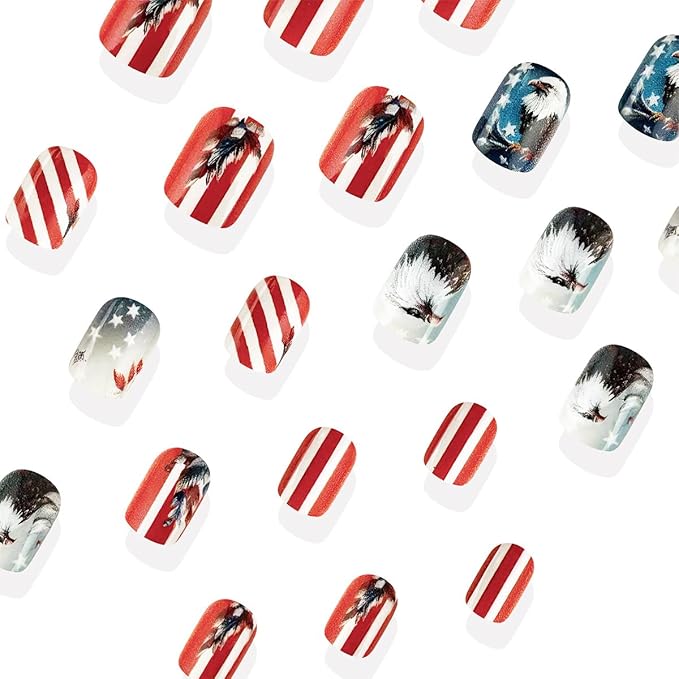 Short Press on Nails Square Owl Fake Nails Independence Day Nails Press ons Full Cover Glossy Stick on Nails with Stripe Designs Independence Day Glue on Nails for Women 24Pcs